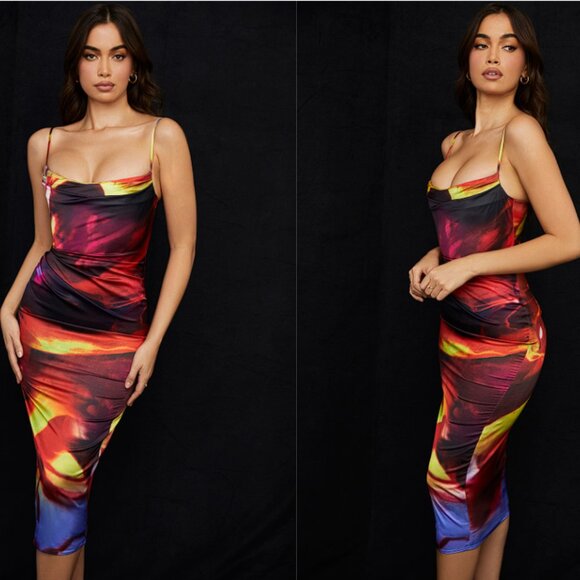 HOUSE OF CB 'Mitzi' Printed Satin Corset Midi Dress NWOT - Picture 3 of 6